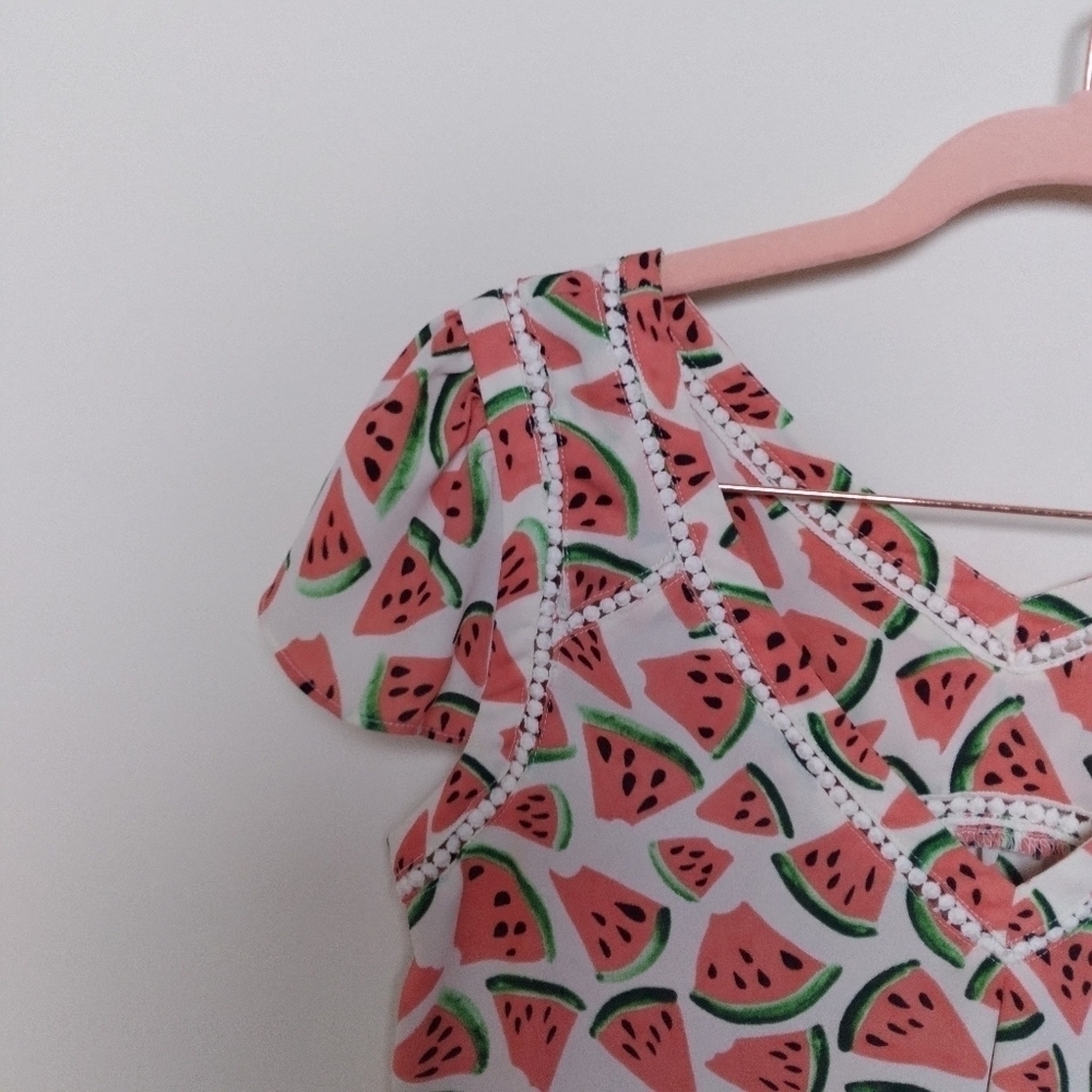 Anthropologie Maeve Picnic Days Watermelon Print Cap Sleeve Blouse Size 0 - Picture 4 of 9